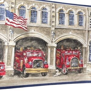 York Wallpaper Border Prepasted Fire Station Truck Dog Flag 5 YD X 9 inches NEW